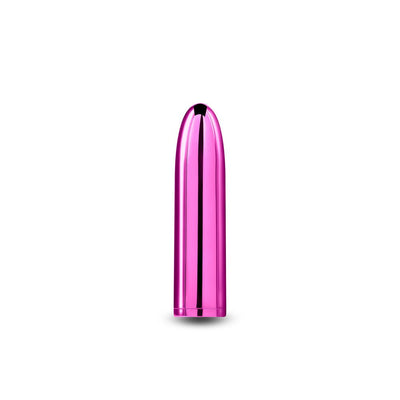 Sleek pink metallic Chroma Petite Bullet vibrator standing upright on white background.