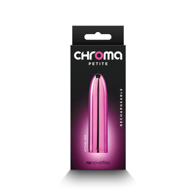 Packaging of Chroma Petite Bullet vibrator in metallic pink, showing sleek, compact design and rechargeable feature.