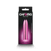 Packaging of Chroma Petite Bullet vibrator in metallic pink, showing sleek, compact design and rechargeable feature.