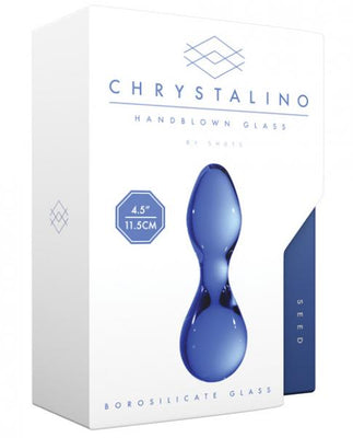 Packaging of Chrystalino Seed Blue handblown borosilicate glass wand measuring 4.5 inches, sleek and smooth design.