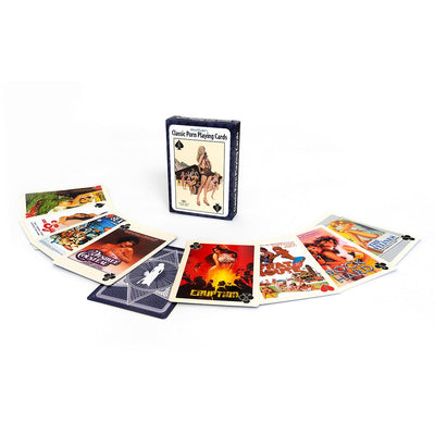 Deck of Classic Porn Playing Cards with vintage adult film poster art displayed in a fan spread alongside the custom tuck box.