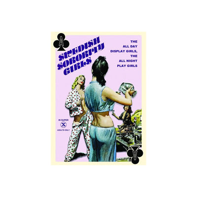 Ace of clubs playing card featuring vintage Swedish Sorority Girls movie poster art with three women in retro attire on a lavender background.
