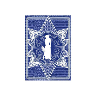 Blue playing card back design with a white silhouette of a woman holding a fan in the center and intricate geometric patterns.