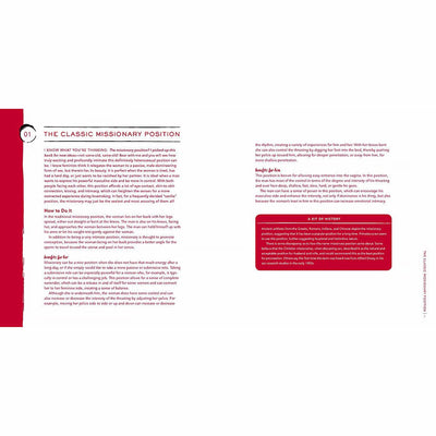 Open book spread showing detailed text and tips on the classic missionary position from the guide Classic Sex Positions Reinvented.