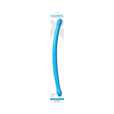 Blue flexible double-ended dildo in slim design with rounded tips, packaged in clear blister with Classix branding.