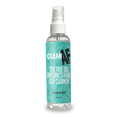 4 oz clear spray bottle of Clean AF Tea Tree Oil Antibacterial Toy Cleaner with teal label and white spray cap