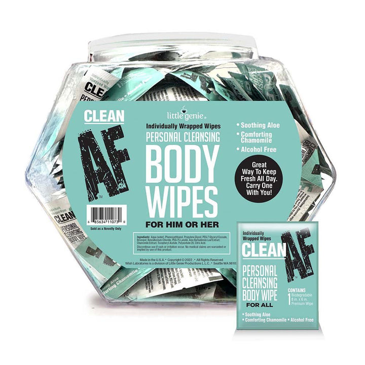 Clear fishbowl container filled with individually wrapped Clean AF personal cleansing body wipes in teal packaging.