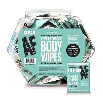 Clear fishbowl container filled with individually wrapped Clean AF personal cleansing body wipes in teal packaging.