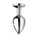 Medium-sized sleek silver metal anal plug with a tapered shape and flat base, polished for a reflective finish.