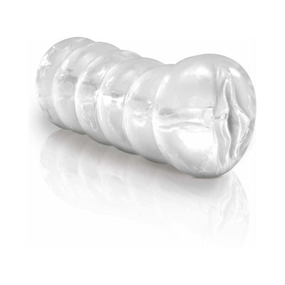 Transparent textured handheld male masturbator with a ribbed design and realistic opening.