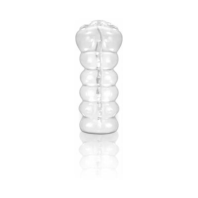 Transparent textured hand-held stroker with ribbed design for enhanced sensation and visual stimulation.
