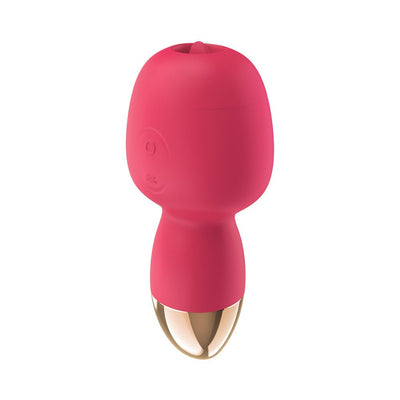 Compact red dual-ended massager with smooth silicone body and gold-tone base, featuring control buttons on the side.