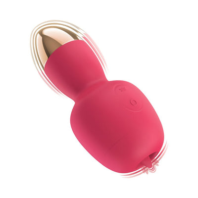 Pink and gold dual-ended massager with vibrating and flicking functions, designed for precise clitoral stimulation.