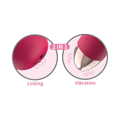 Close-up illustrations of the Clit-Tastic Intense Dual Massager showing the licking tongue feature and the vibrating tip.