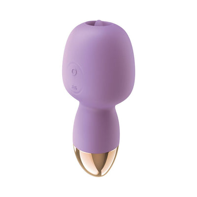Purple silicone dual-ended massager with gold accent base, featuring a flicking tongue tip and control button.