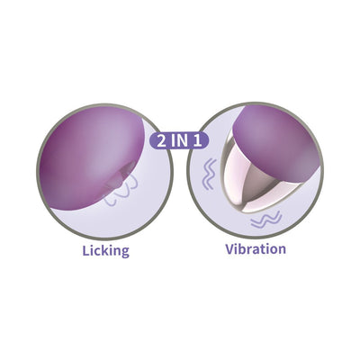 Close-up illustration of the Clit-Tastic Intense Dual Massager showing dual functions: licking and vibration tips.