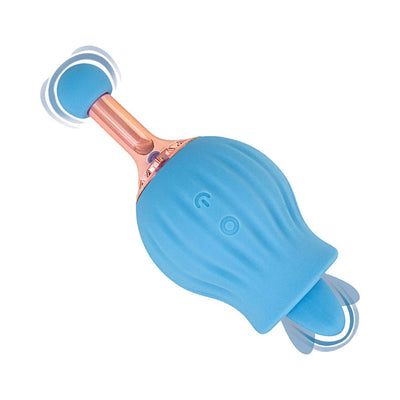 Blue dual-ended rose bud massager with vibrating and tongue-like stimulator tips, featuring silicone body and rose gold accents.