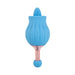 Blue rose bud shaped dual massager with a metallic rose gold handle and rounded tip, featuring control buttons on the silicone body.