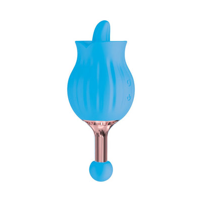 Blue rose bud shaped dual-ended massager with a metallic rose gold stem and silicone tips.