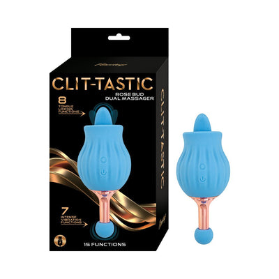 Blue rose bud shaped dual massager with rose gold handle shown next to its black and gold packaging box.