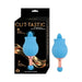 Blue rose bud shaped dual massager with rose gold handle shown next to its black and gold packaging box.
