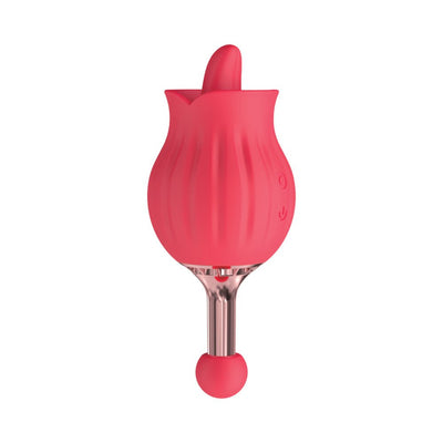 Red rose bud shaped dual massager with silicone body and metallic stem featuring two distinct stimulation ends.