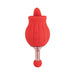Red rose bud-shaped dual massager with silicone body and metallic stem, featuring control buttons on the front.
