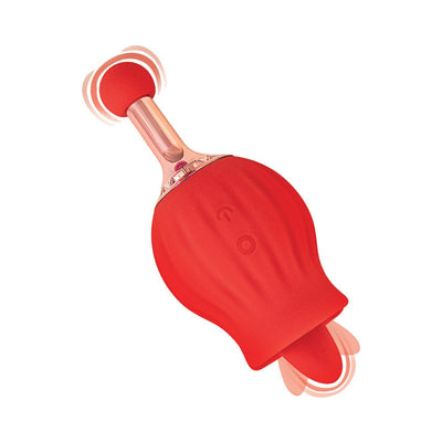 Red rose bud-shaped dual massager with vibrating and tongue-like stimulator ends, designed for discreet clitoral pleasure.