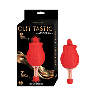 Red rose bud-shaped dual massager with tongue and vibration functions shown with black and gold packaging.