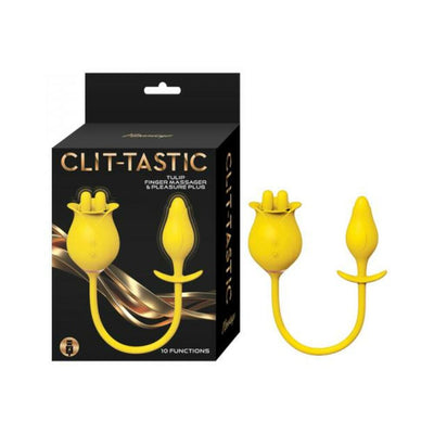 Yellow Clit-Tastic Tulip Finger Massager and Pleasure Plug with packaging, featuring dual connected silicone components and 10 vibration functions.