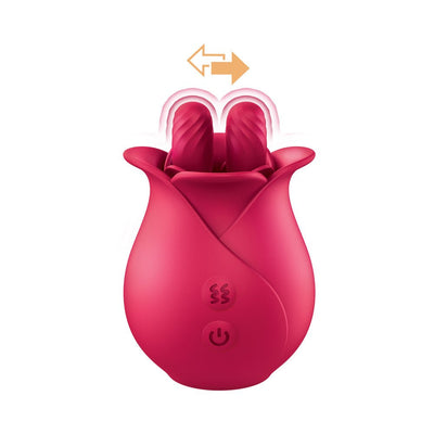 Pink silicone finger massager shaped like a tulip with dual textured tips and control buttons on the front.