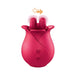 Pink silicone finger massager shaped like a tulip with dual textured tips and control buttons on the front.