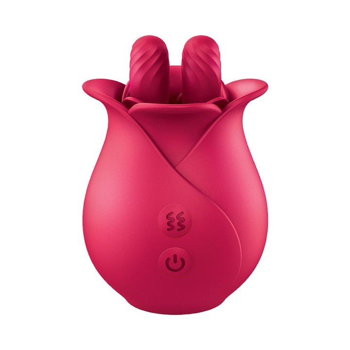 Red silicone finger massager shaped like a tulip with textured tips and control buttons on the front.