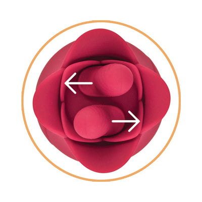Top view of red silicone Clit-Tastic Tulip Finger Massager showing dual textured tips with directional arrows.