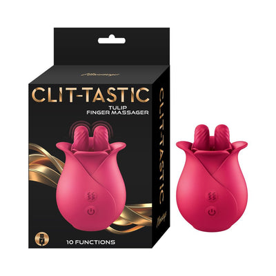 Pink silicone Clit-Tastic Tulip Finger Massager with packaging highlighting 10 functions and USB rechargeability.