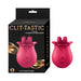 Pink silicone Clit-Tastic Tulip Finger Massager with packaging highlighting 10 functions and USB rechargeability.