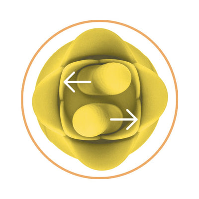 Top view of yellow silicone tulip-shaped finger massager showing dual rotating tips with directional arrows.