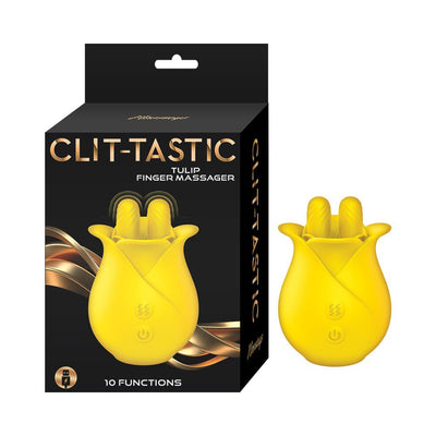 Yellow tulip-shaped finger massager with 10 functions next to its black and gold Clit-Tastic branded packaging box.