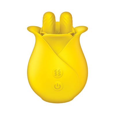 Yellow silicone finger massager shaped like a tulip with textured tips and control buttons on the front.