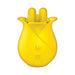 Yellow silicone finger massager shaped like a tulip with textured tips and control buttons on the front.