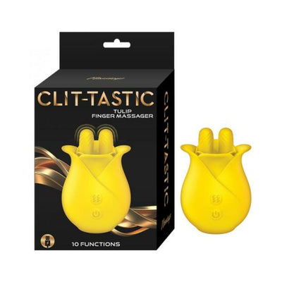 Yellow tulip-shaped finger massager with 10 functions shown next to its black and gold packaging box.