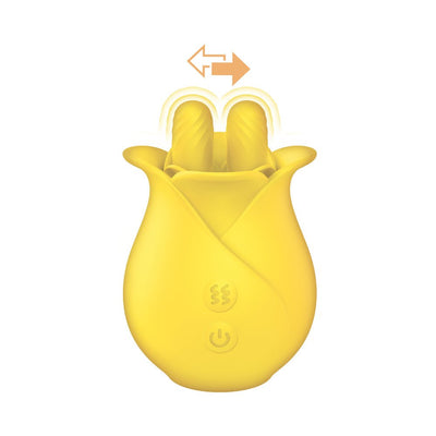 Yellow silicone finger massager shaped like a tulip with dual vibrating tips and control buttons on the front.