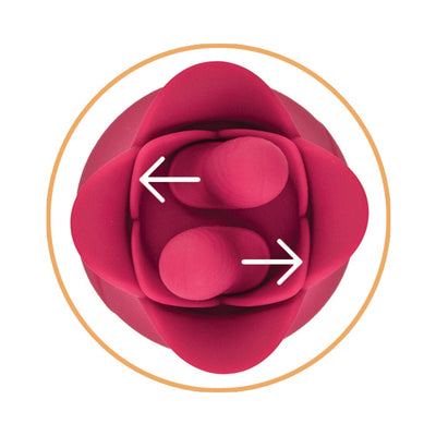 Top view of a red silicone tulip-shaped finger massager with two rounded tips and directional arrows indicating back-and-forth motion.