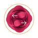 Top view of a red silicone tulip-shaped finger massager with two rounded tips and directional arrows indicating back-and-forth motion.