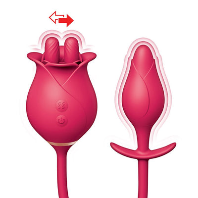 Pink silicone Clit-Tastic Tulip Finger Massager with dual vibrating tips and matching pleasure plug with flared base.