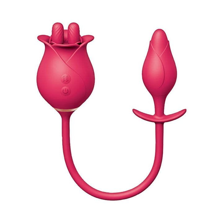 Pink silicone dual pleasure plug and finger massager with a tulip-shaped stimulator and flexible connecting cord.