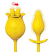Yellow silicone tulip-shaped finger massager with vibrating pleasure plug, featuring back-and-forth motion and control buttons.