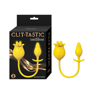 Yellow silicone Clit-Tastic Tulip Finger Massager and Pleasure Plug with packaging showing 10 functions and USB rechargeable icon.