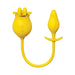 Yellow silicone dual-ended pleasure plug and finger massager with a tulip-shaped stimulator and flexible connecting stem.