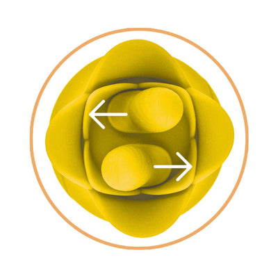 Top view of yellow silicone Clit-Tastic Tulip Finger Massager showing dual stimulation points with directional arrows.